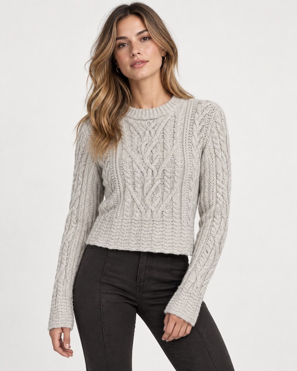 French Connection Joetta Cable Knit Cropped Sweater Gray Cotton Blend Size Small